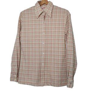 Vintage Ultriana Womens M Blouse Stetch Textured Polyester Brown Plaid LS Shirt